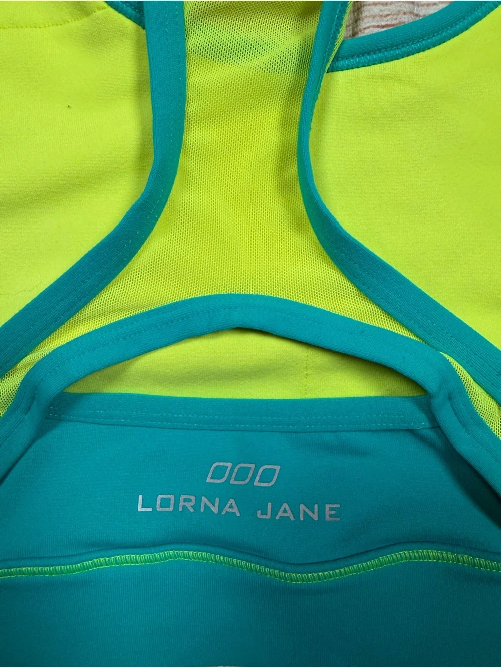 Lorna Jane Teal & Neon Lime Racerback Sports Bra - workout, running, lifting